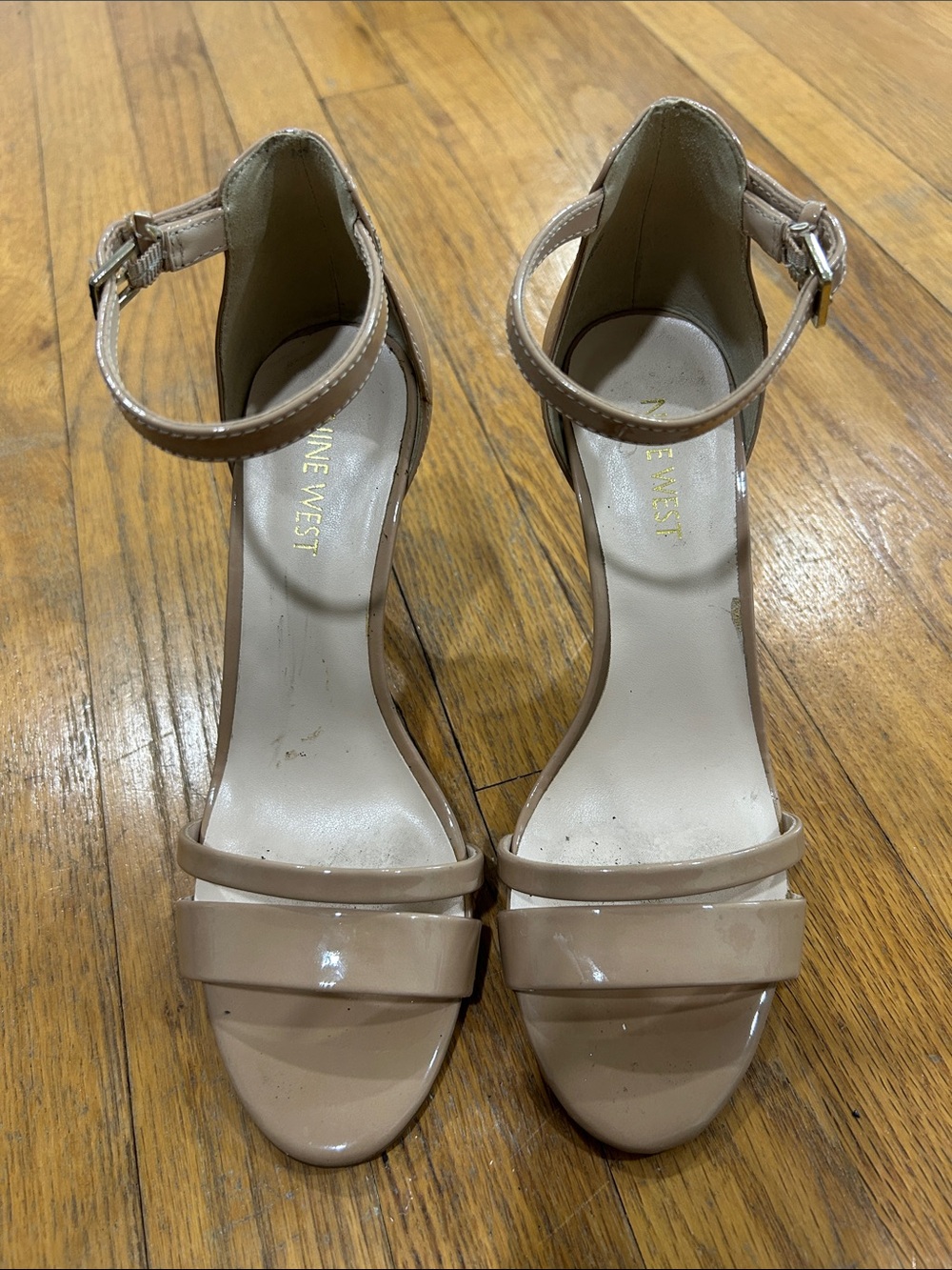 Nine West Nude Patent Ankle-Strap Heels